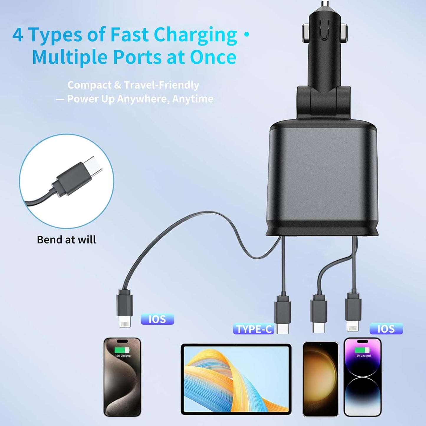MLVOC Starlight Retractable 66W USB C Car Charger, 4-in-1 Fast Charging Adapter with Dual USB Ports, PD & QC 3.0 for iPhone, Samsung, Android (Black)