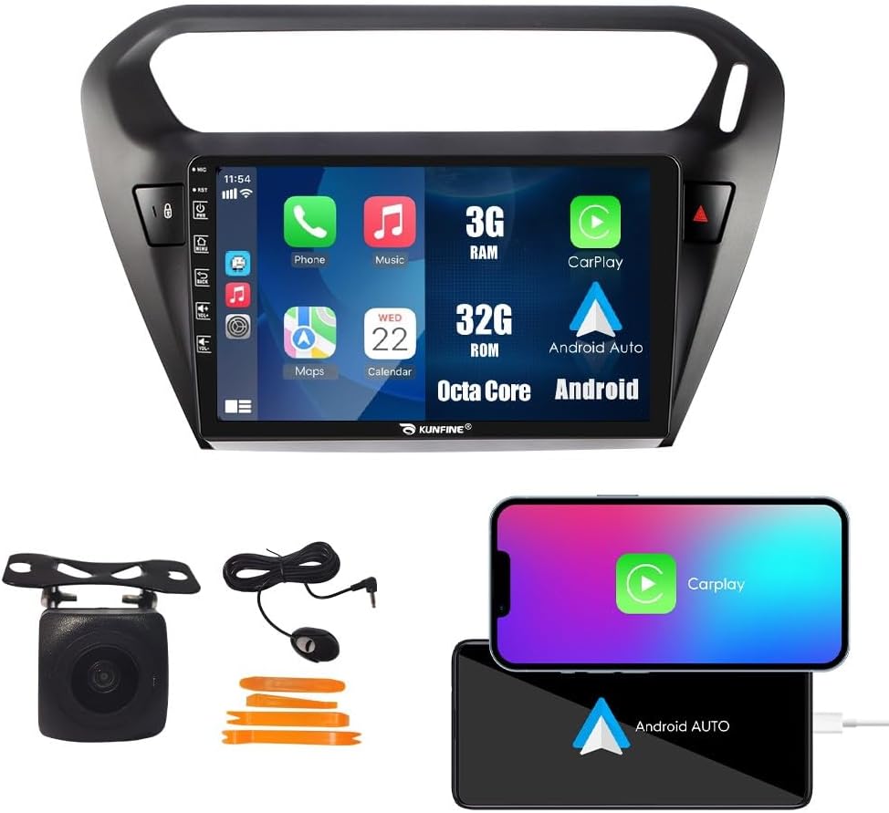 Kunfine Car CarPlay Android Auto Navigation Stereo GPS Radio Reverse Camera Display 9" IPS Touchscreen Headunit Tablet Pad Media Player For Peugeot 301 13-22 if Applicable Octa Core 3G+32G Matte Black