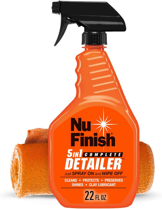 Nu Finish 5-in-1 Complete Detailer Spray with Towel, Preserves and Protects Car Detailing, Includes 1 Microfiber Towel, 22 Oz Spray