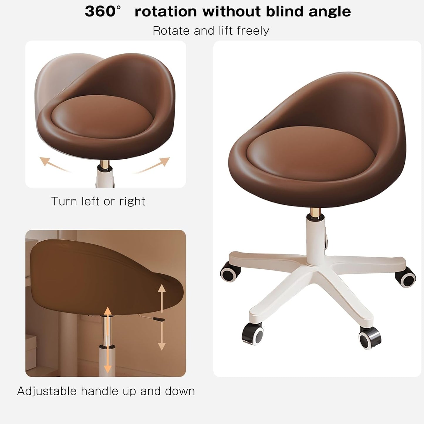 Rolling Stool Set of 2 Rolling Hydraulic Salon Stool with Low Backrest - Adjustable Swivel Chair for SPA, Shop, Salon, Massage, or Medical Office Brown