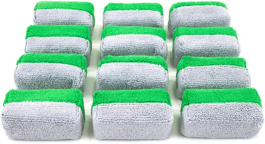 Autofiber Mini [Saver Applicator Terry] Ceramic Coating Applicator Sponge | 12 Pack | with Plastic Barrier to Reduce Product Waste. (Green/Gray)
