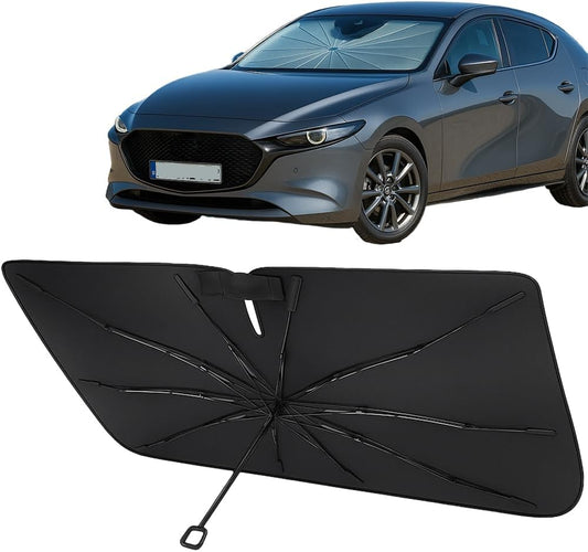 Proadsy Windshield Sun Shade Umbrella for Mazda 3 2019-2025 2026 Foldable Car Umbrella Sunshade with Soft TPU Handle Spring Structure Crystal Cooling Material Protect Car from Rays & Heat