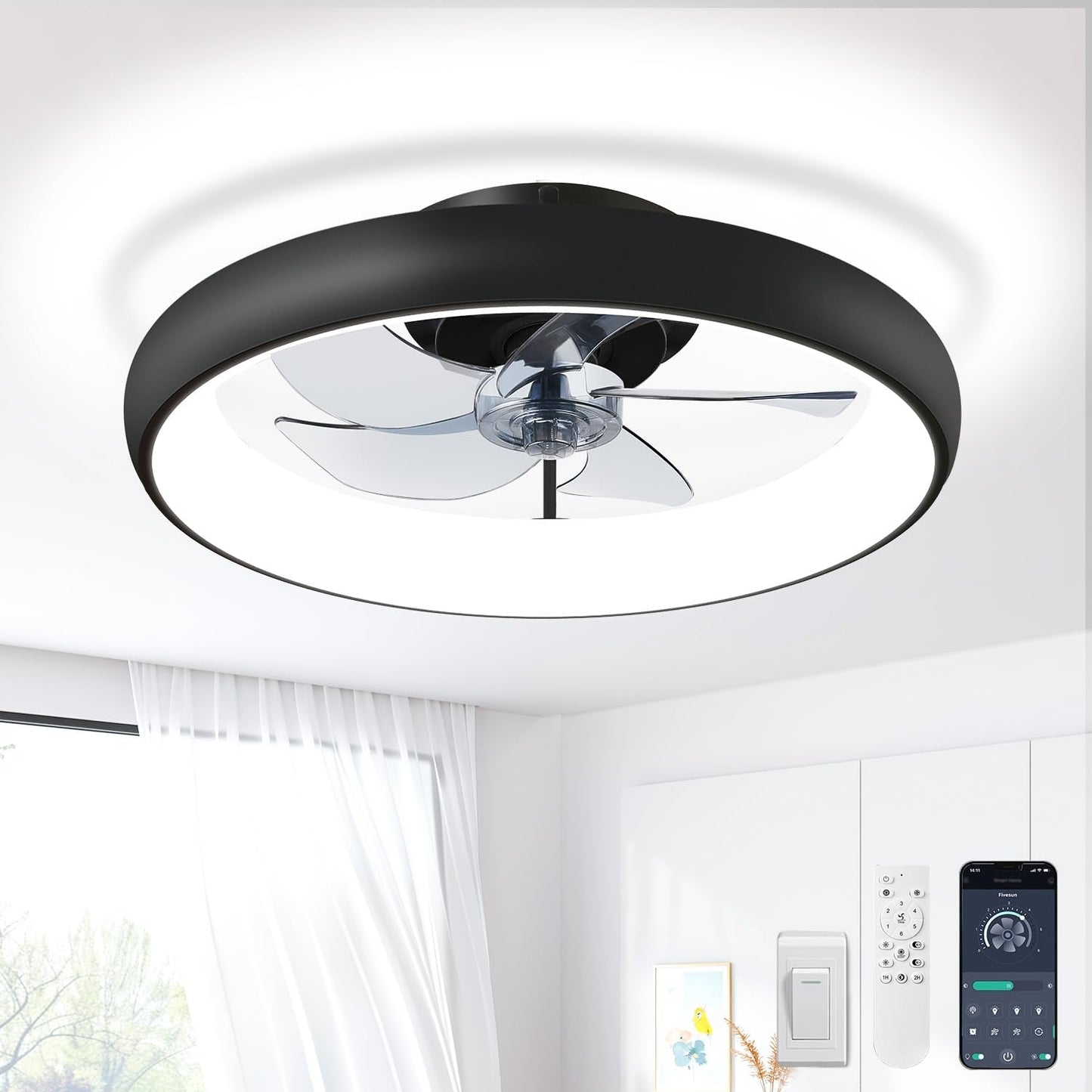Ceiling Fans with Lights and Remote, 20" Modern Low Profile Ceiling Fan with Light, 2700K-7000K Stepless Dimming Fandelier Flush Mount Led Fan Light and 6 Wind Speeds for Bedroom(Black)