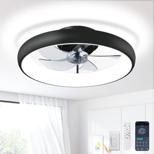 Ceiling Fans with Lights and Remote, 20" Modern Low Profile Ceiling Fan with Light, 2700K-7000K Stepless Dimming Fandelier Flush Mount Led Fan Light and 6 Wind Speeds for Bedroom(Black)
