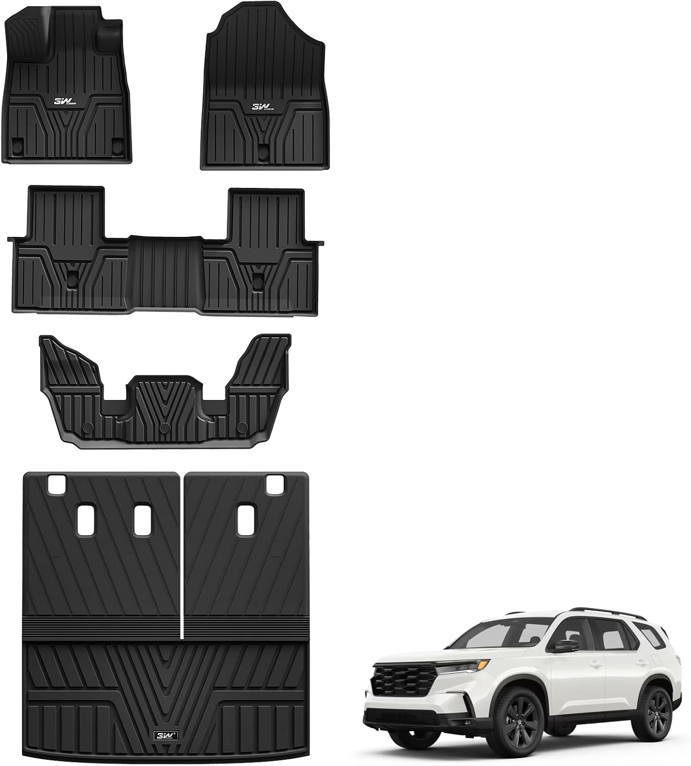 3W Floor Mats and Cargo Liner Fit for Honda Pilot 2023 2024 2025, Custom Fit All Weather Honda Pilot Accessories Odorless Anti-Slip TPE Full Set Mats Black
