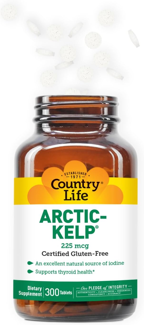 Country Life Arctic-Kelp – Natural Iodine Supplement for Thyroid and Immune Support – Vegan, Gluten-Free, 225 mcg – Ideal for Thyroid Health, Hypothyroidism, and Adrenal Support, 300 Tablets