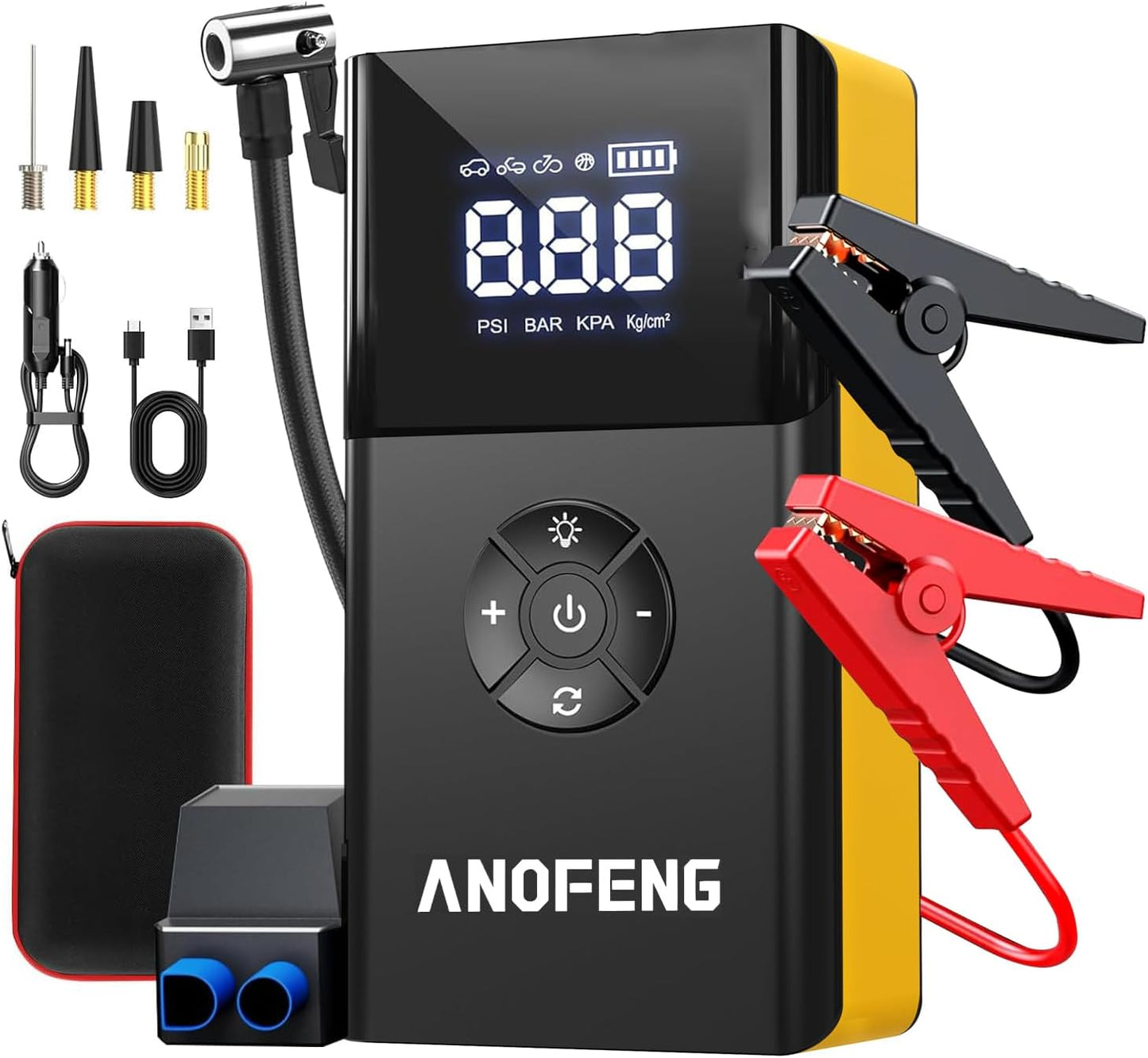 Portable Car Jump Starter with Air Compressor,4000A 150PSI 12V Car Battery Jump Starter,Jump Box Battery(10L Gas/8L Diesel),with Jumper Cables,3 Modes Flashlight,23000mah Power Pack,LCD Display