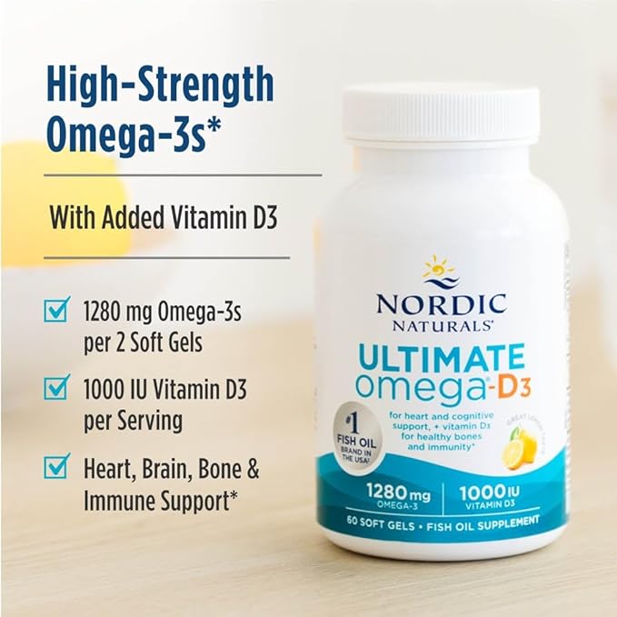 Nordic Naturals Ultimate Omega-D3, Lemon Flavor - 60 Soft Gels - 1280 mg Omega-3 + 1000 IU Vitamin D3 - EPA & DHA - Promotes Brain, Heart, & Immune Health - 30 Servings