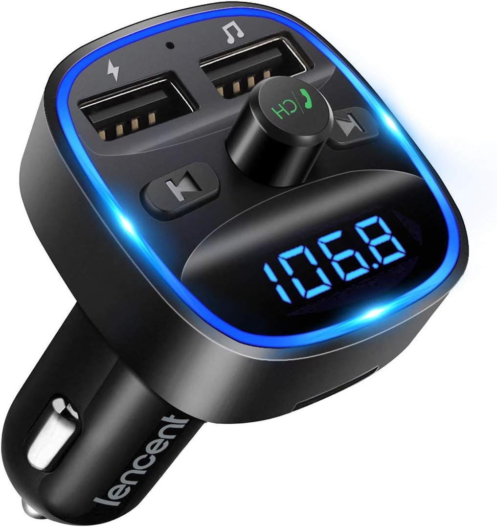 LENCENT FM Transmitter, Bluetooth FM Transmitter Wireless Radio Adapter Car Kit with Dual USB Charging, Audio Receiver Car Charger MP3 Player, Support Hands-Free Calling, TF Card & USB Disk