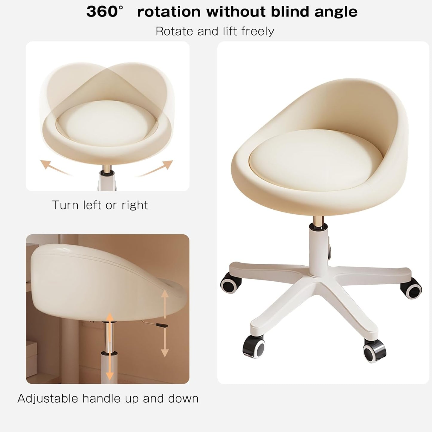 Rolling Stool Set of 6 Rolling Hydraulic Salon Stool with Low Backrest - Adjustable Swivel Chair for SPA, Shop, Salon, Massage, or Medical Office Beige