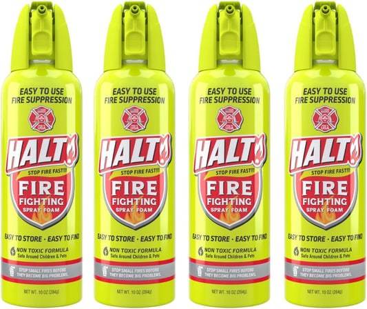 HALT! Fire Fighting Foam Spray – Non-Toxic, PFAS Free, Easy to Use, Store, and Find in Emergency – Compact & Portable – Ideal for Home, Kitchen, Apartment, Car, BBQ, Tailgate – Made in USA (4-Pack)