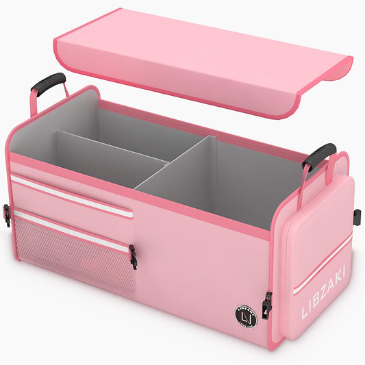 LIBZAKI Car Trunk Storage Organizer, Multi Compartment Collapsible Trunk Storage Box for Car Truck SUV-Pink