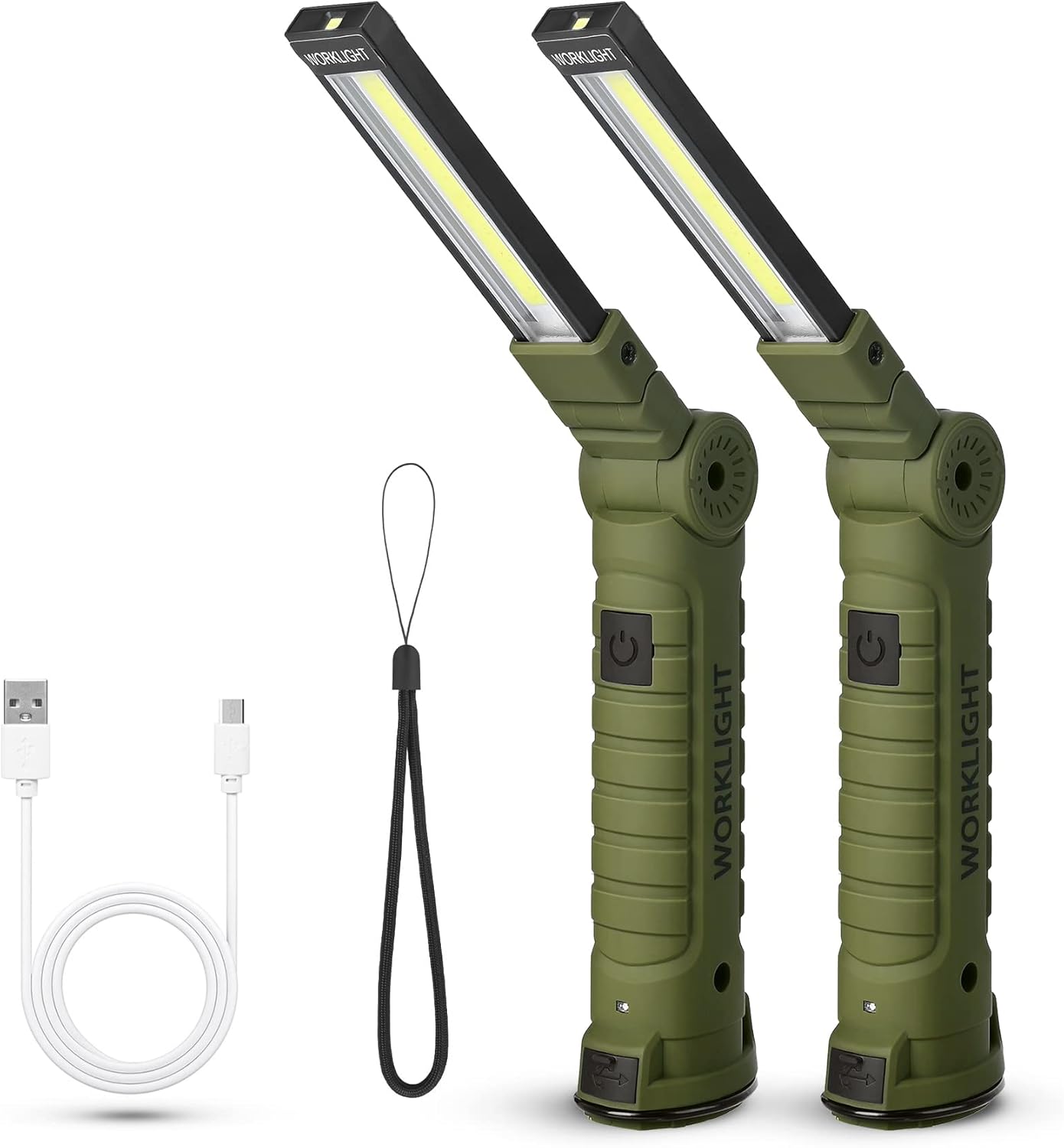 Suranew LED Worklight Flashlight, COB Rechargeable Work Lights with Magnetic Base 360 Degree Rotate and 5 Modes Portable Flood Light Inspection Construction Light for Car Repair (Army Green, 2 Pack)