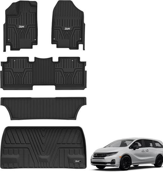 3W Floor Mats & Cargo Liner Fit for Honda Odyssey 2025-2018 Mini Passenger Van, All Weather TPE Floor Liners 1st 2nd & 3rd Rows Car Mats and Trunk Liner Odyssey Car Accessories, Black