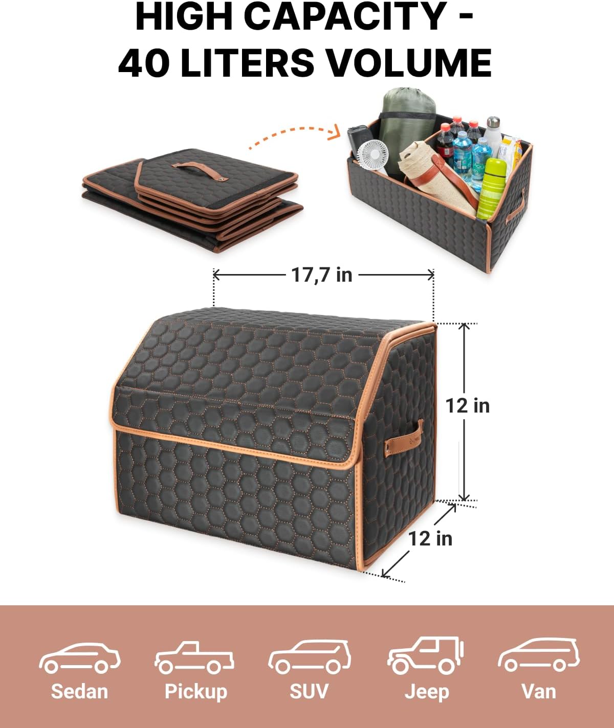 Sedan Trunk Organizer 17.7" Storage Tote For Groceries, Tools & Travel Gear - Foldable Eco-Leather Car Crate With Magnetic Lid | Stylish Presents For Drivers | Black-Brown (Hexy 17)