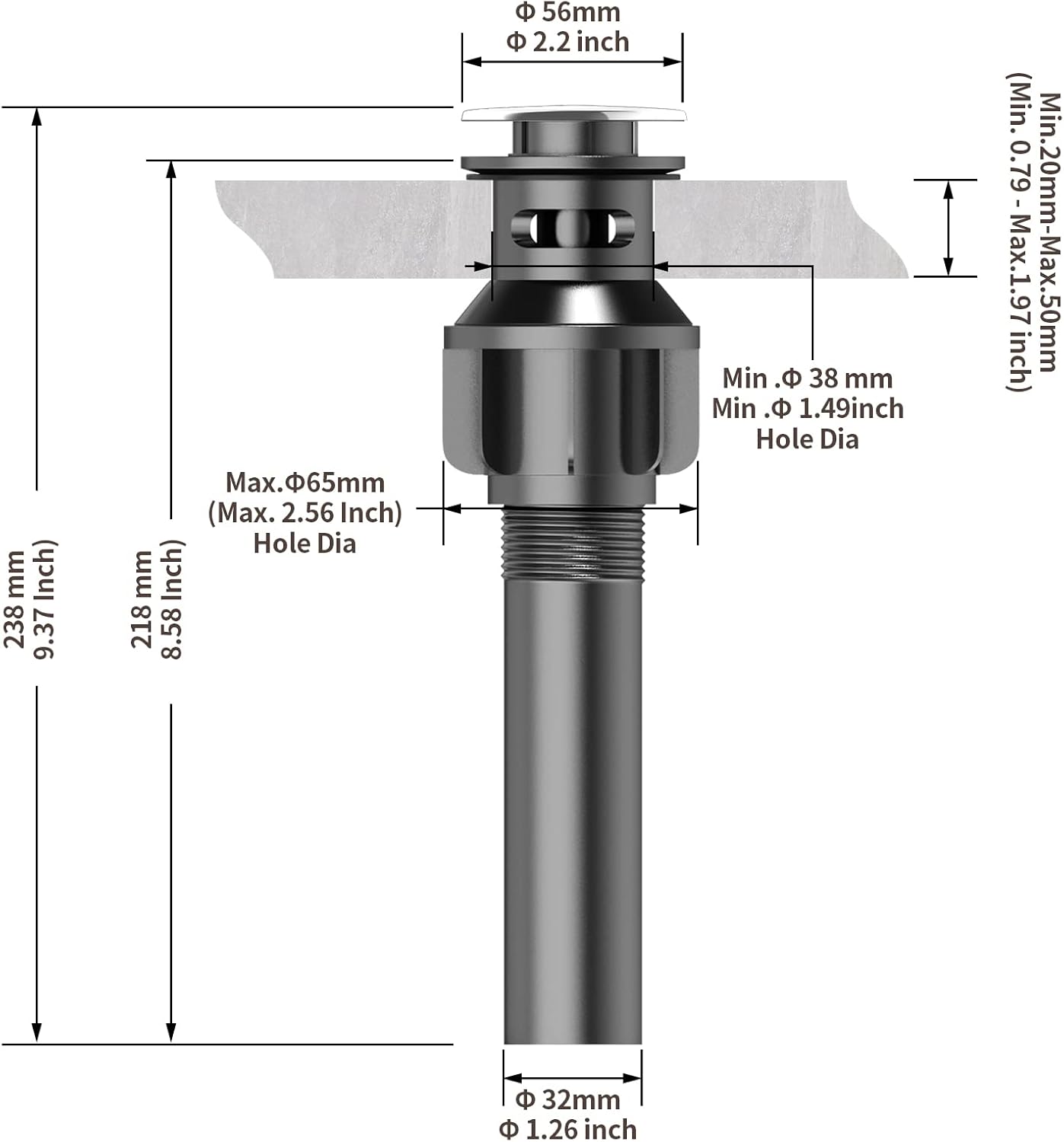 Bathroom Sink Drain with Overflow, PureHome Bathroom Sink Stopper, Pop Up Bathroom Drain Stopper Sink Plug - Engineering Plastic Material - Polished Chrome
