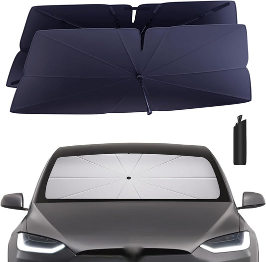 Windshield Sun Shade Umbrella Compatible with 2016-2025 Tesla Model X Accessories: Custom Fit 240T Silver, Double Thickened, Foldable Window Sunshade, Ultimate 99% UV Blocking for 75D, 90D, 100D