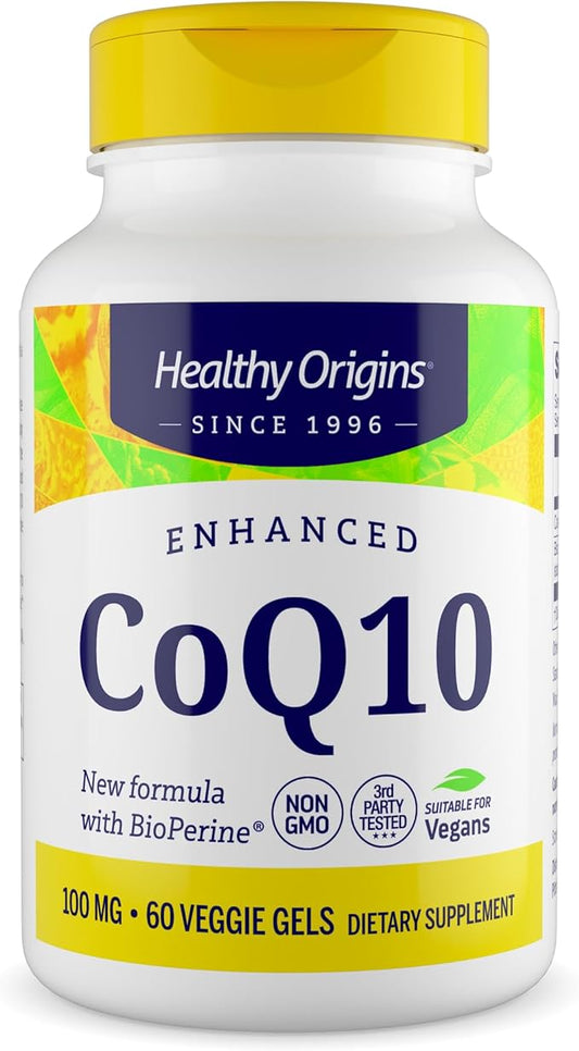 Healthy Origins Natural Enhanced CoQ10 (BioPerine®), 100 mg - Heart Health & Energy Supplement - Gluten-Free & Non-GMO Supplements, with BioPerine & Sunflower Lecithin ((Pack of 1) 60 Veggie Gels)