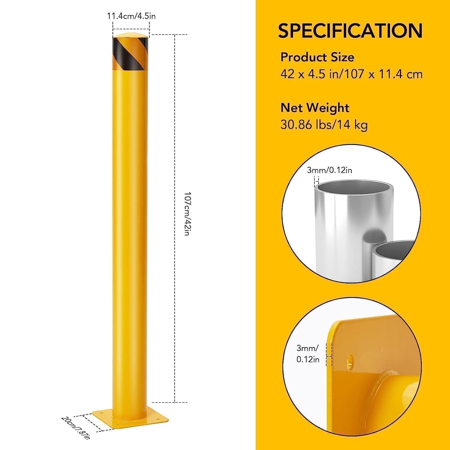 4-Pack Heavy Duty Safety Bollards, 42" Height, 4.5" Diameter Steel Pipe Bollard Post with 16 Anchor Bolts, High-Visibility Yellow Parking Bollard for Traffic Control, Warehouses, & Pedestrian Safety