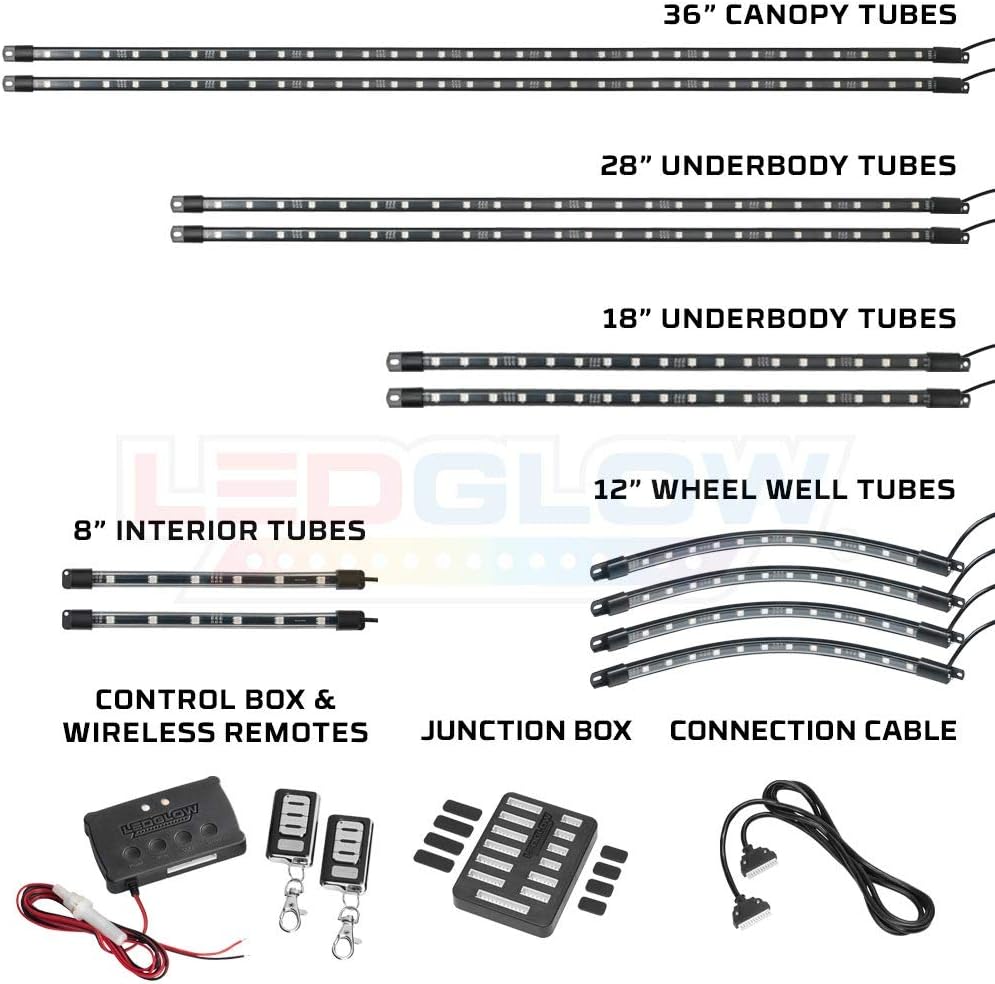 LEDGlow 12pc Million Color LED 4-Seater Golf Cart Underglow Neon Kit with Canopy, Wheel Well & Interior Lights Fits EZGO, Yamaha, Club Car, ICON, Evolution, Tomblerin, Star EV - for 12-Volt Battery