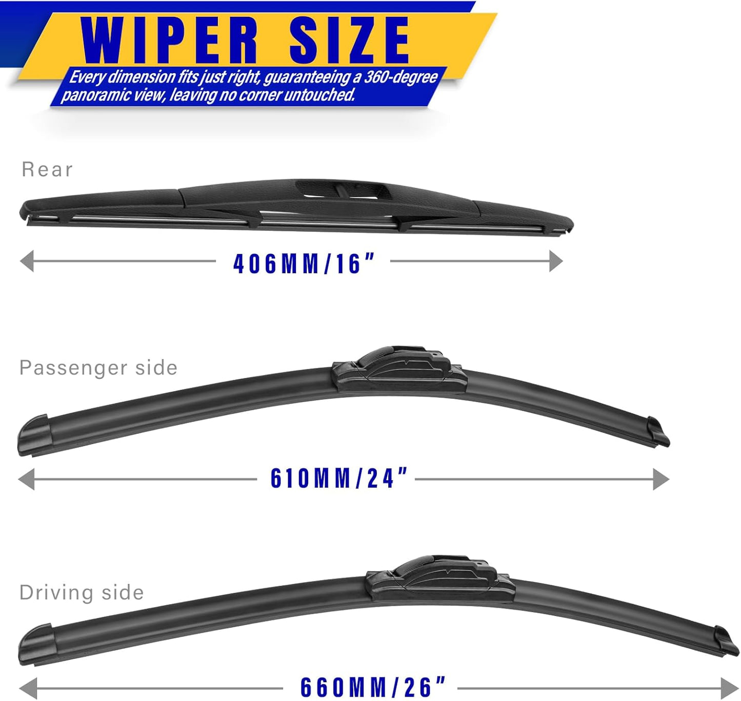 3 wipers Replacement for 2019-2023 Honda passport, Windshield Wiper Blades Original Equipment Replacement - 26"/24"/16" (Set of 3) U/J HOOK