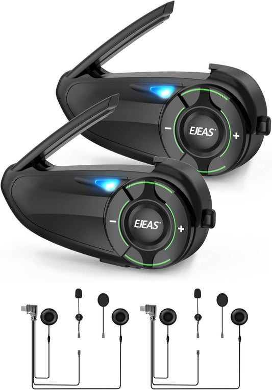 EJEAS Q8 2PC Motorcycle Bluetooth Headset, Upgraded Mesh 3.0 Intercom System with Music Sharing and IP67 Waterproof for 6 Riders Group Talking