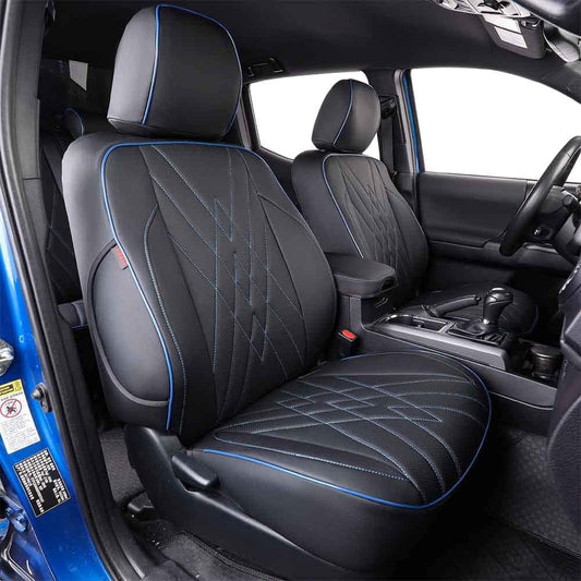 EKR Custom Fit Tacoma Car Seat Covers for Select Toyota Tacoma 2016 2017 2018 2019 2020 2021 2022 2023 Double Cab/Crew Cab -Full Set,Leather (Black with Blue Trim)