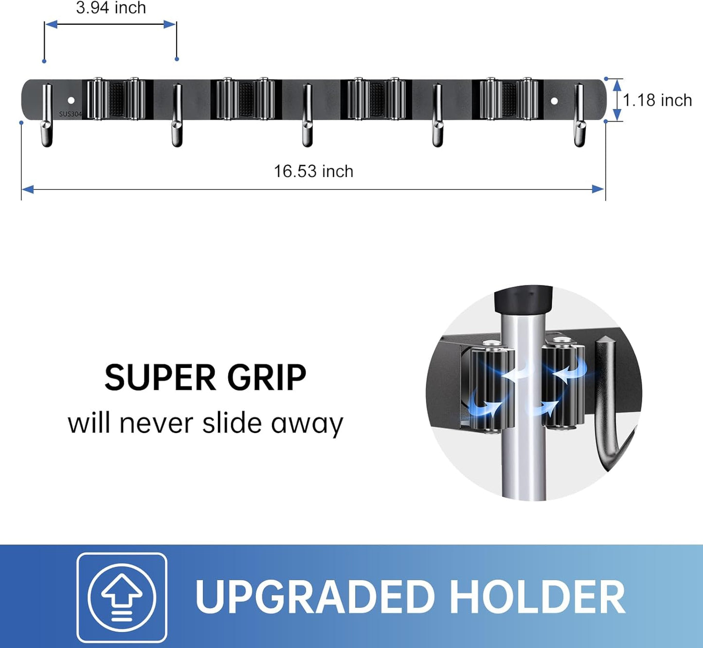 ZONGOOL 2 Pack Broom Holder Wall Mount, 4 Racks and 5 Hooks Mop Hanger Wall Mount Broom Organizer Stainless Steel Heavy Duty Garage Tool Racks for Home Kitchen Garden Laundry (Black)