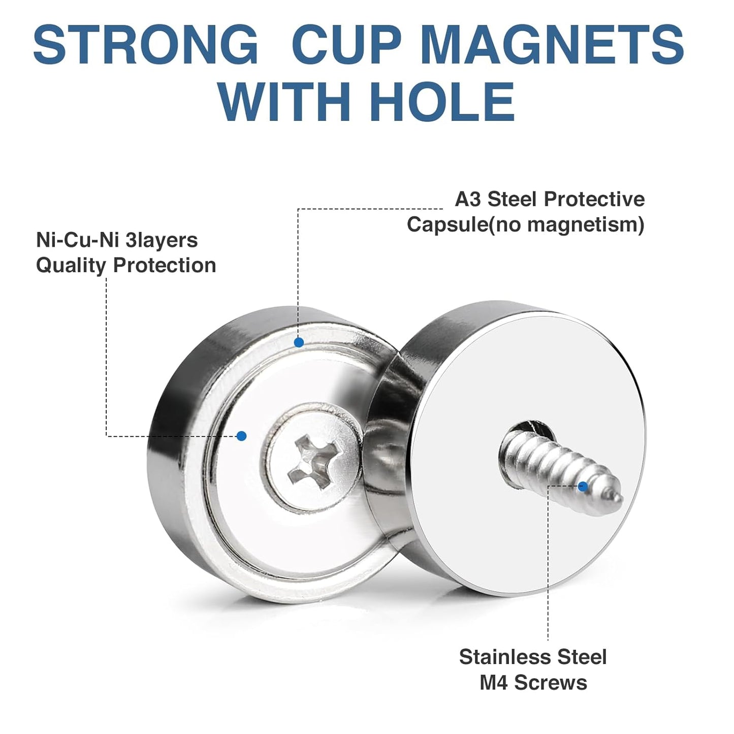 MIKEDE 6 Pack Strong Magnets, 30lbs Neodymium Heavy Duty Magnets, Round Strong Rare Earth Magnet with Countersunk Hole, Powerful Magnetic Pot Magnet with Screws for Cabinet Door Holding Tools