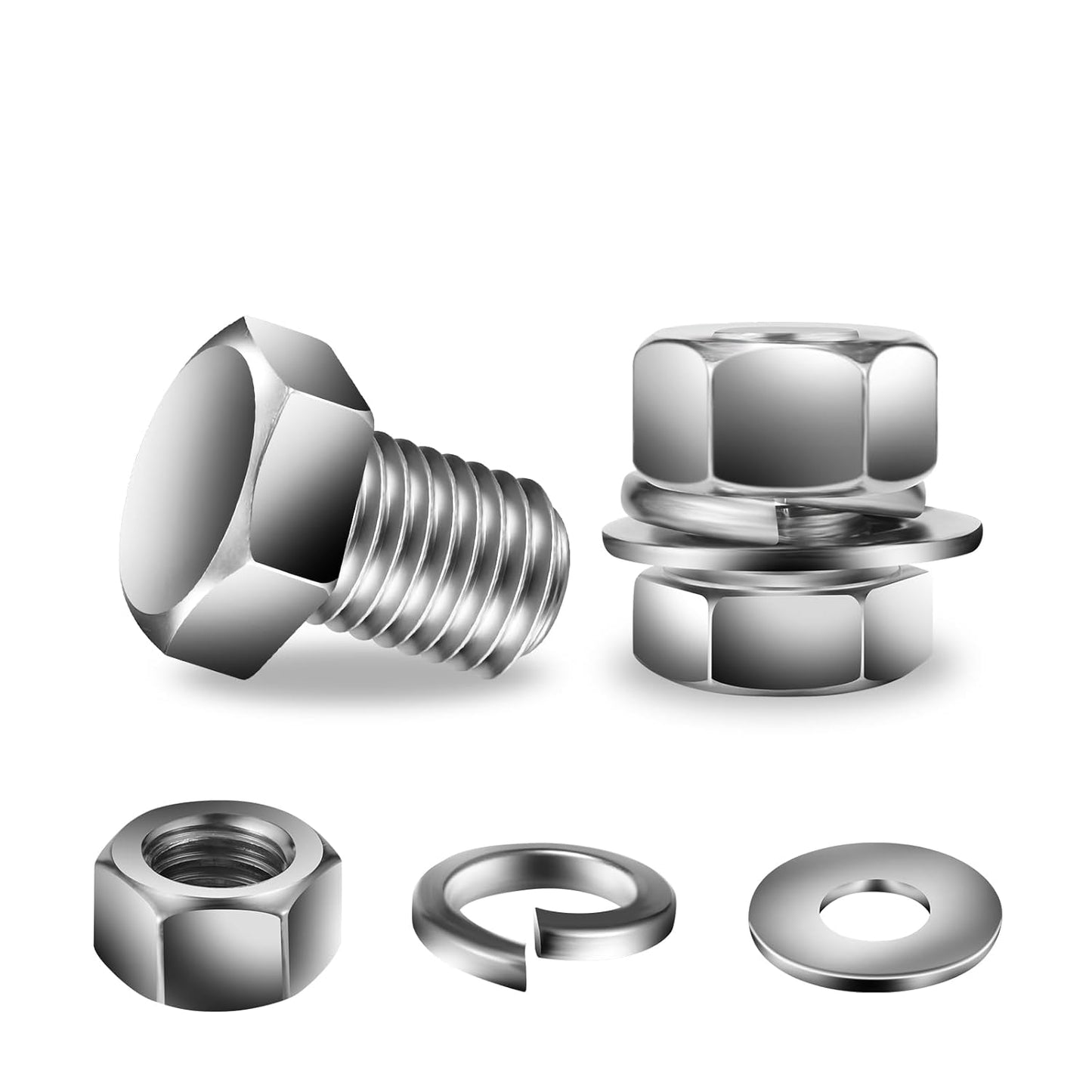 3/8-16 x 5/8" Hex Head Screw Bolt, Nuts, Flat & Lock Washers, 20Pcs 18-8 (304) Stainless Steel, Fully Threaded, by SG TZH