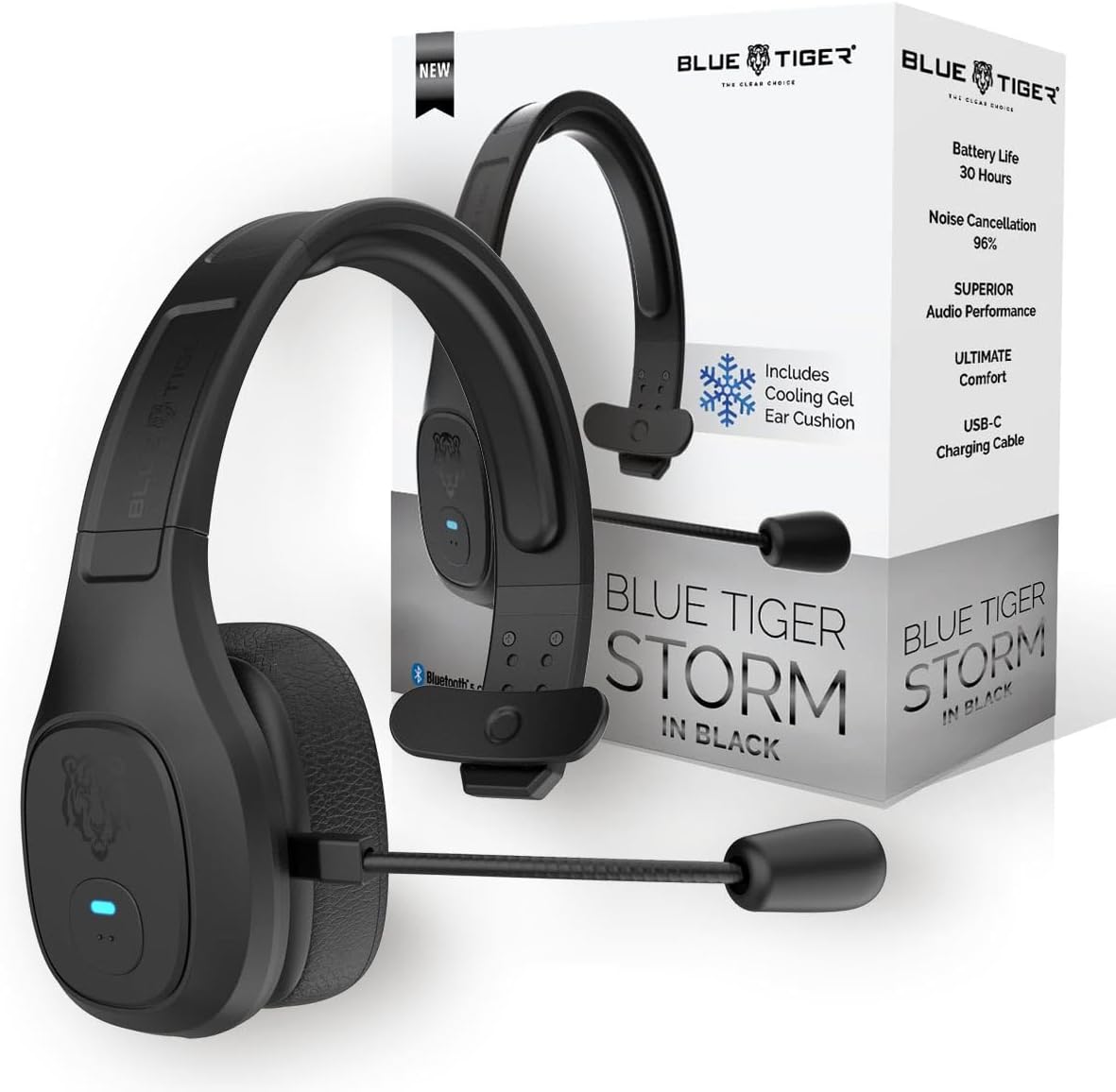 Blue Tiger Storm Black - Premium Trucker Bluetooth Headset - Wireless Noise Canceling Mono Headset with Mic - High-Fidelity Sound, 30-Hour Talk Time, USB-C Charging - for Truck Drivers, Bluetooth 5.0