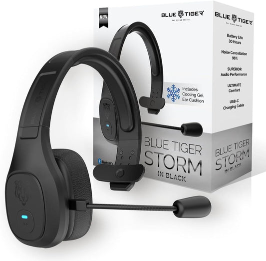 Blue Tiger Storm Black - Premium Trucker Bluetooth Headset - Wireless Noise Canceling Mono Headset with Mic - High-Fidelity Sound, 30-Hour Talk Time, USB-C Charging - for Truck Drivers, Bluetooth 5.0