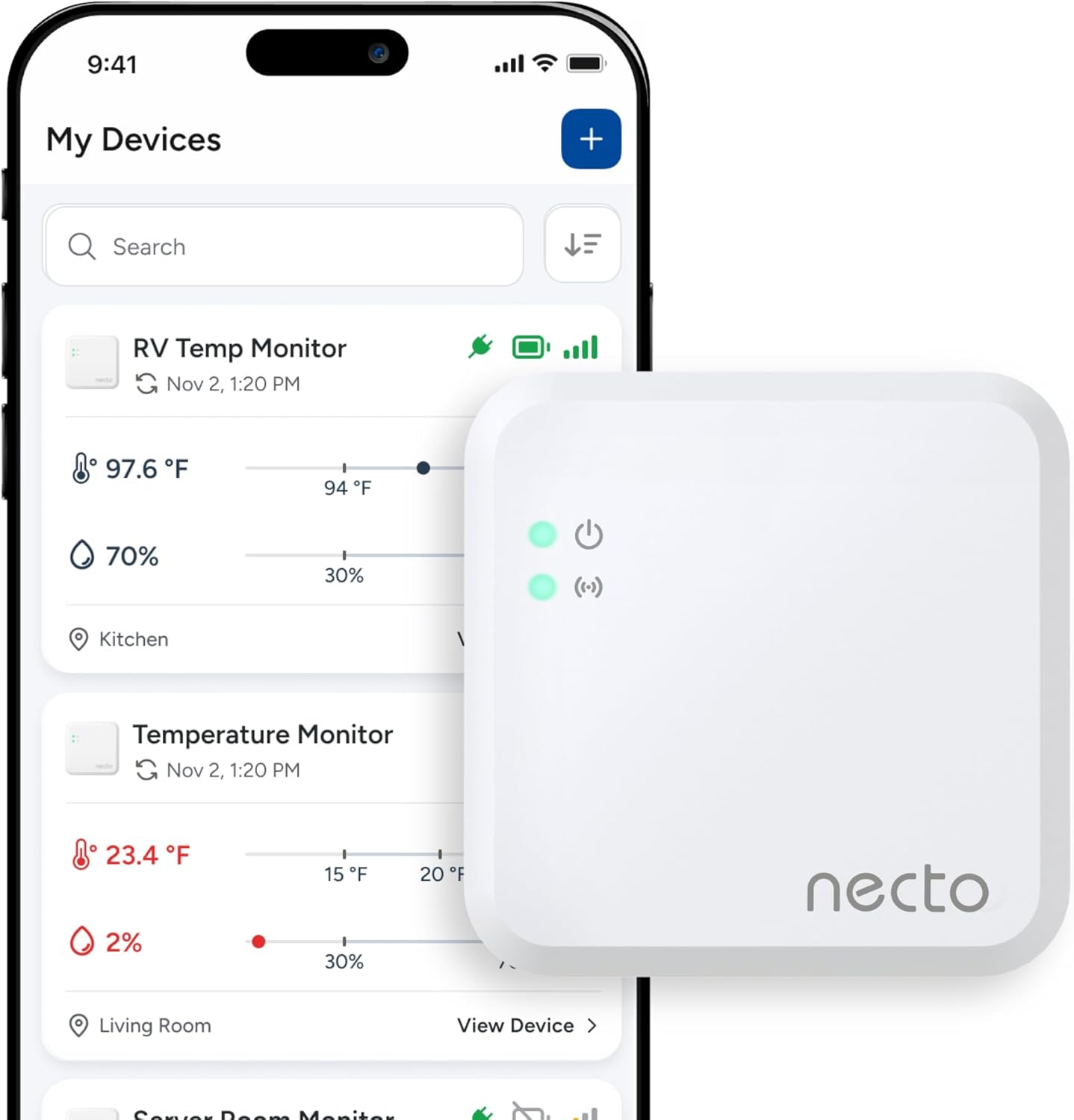 Necto RV Pet Temperature Monitor - No WiFi Required - Remote Power Outage & Temp Sensor with App Alerts. Cellular Monitoring System for Car, Home Safety & Server Room (Subscription Required)