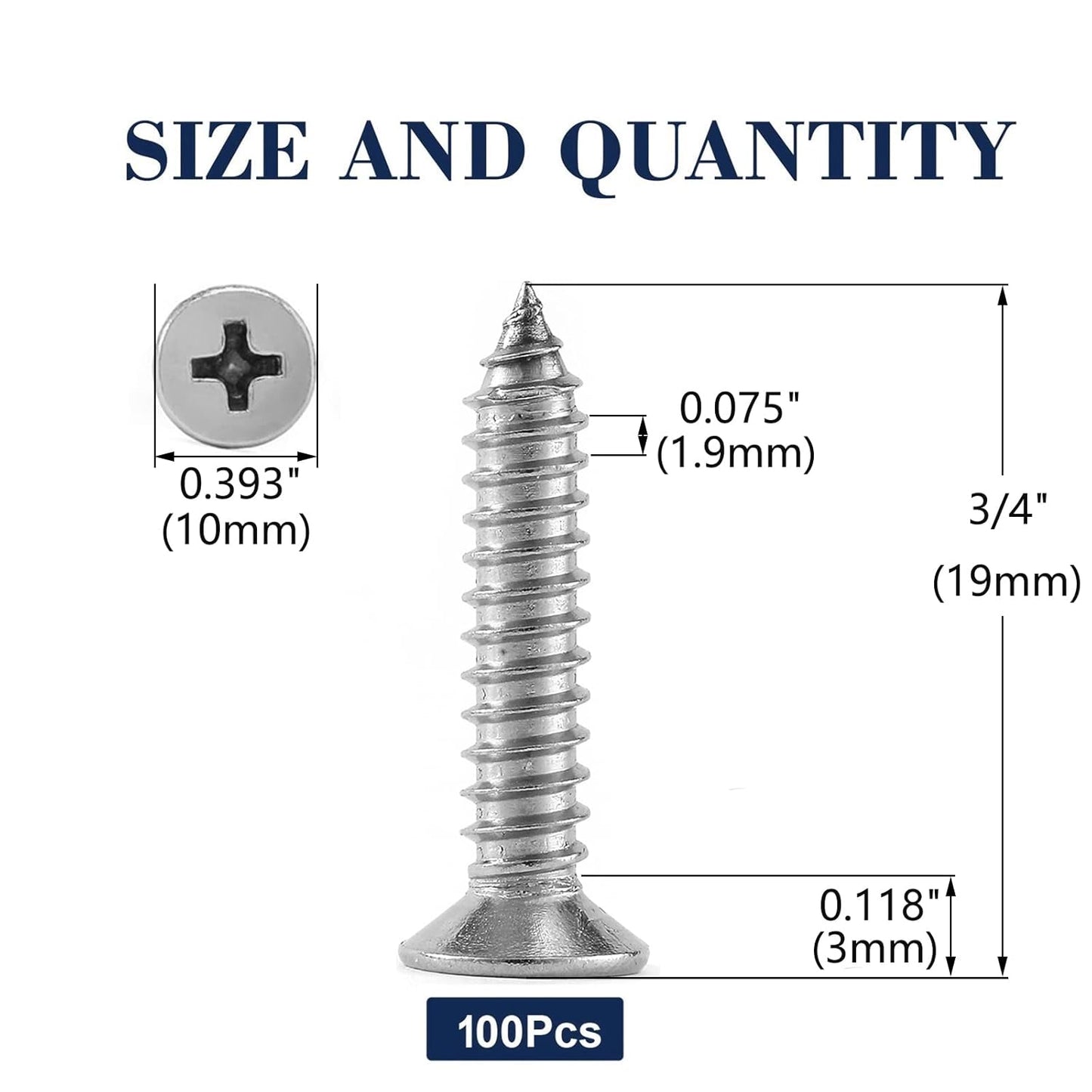 #12 x 3/4" Wood Screw 100Pcs 18-8 (304) Stainless Steel Screws Flat Head Phillips Fast Self Tapping Drywall Screws by SG TZH