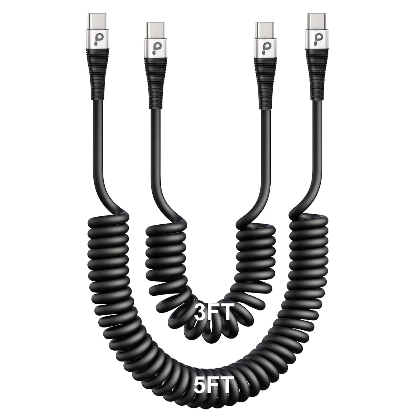 Coiled USBC to USBC Cables for Car 3FT/5FT, USB C to USB C Fast Charging Cables Short Type C Cord for iPhone 16/15/Pro/Plus/Pro Max/Samsung Galaxy S23, Compatible All Type C Devices-Silver 2Pack