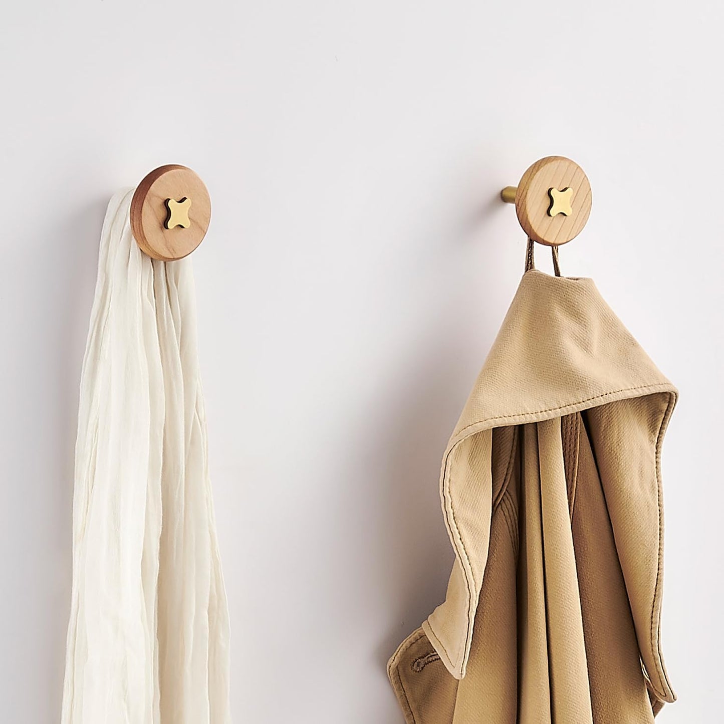 Solid Brass & Maple/Mahogany Wall Hooks 2 Pack - Decorative Heavy Duty Coat Hooks with Vintage Cross Screw Design for Entryway, Bathroom, Luxury Spaces TC008F