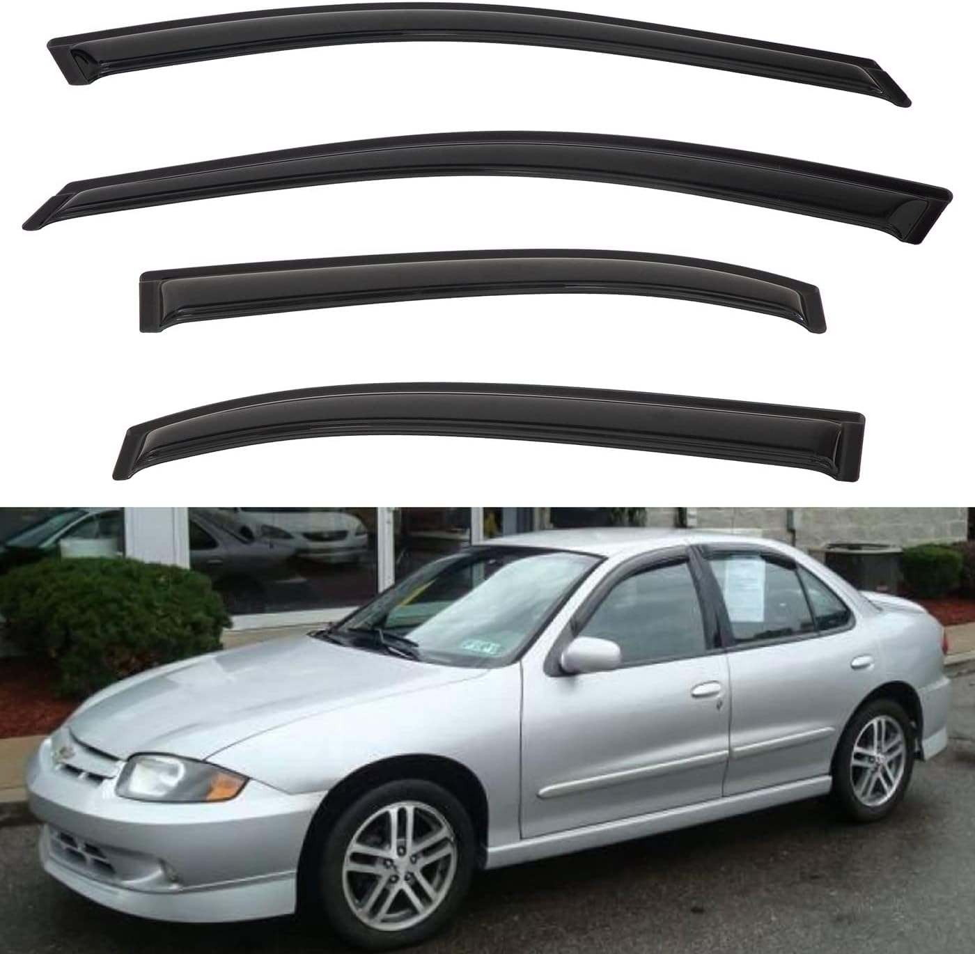 4pcs Front+Rear Smoke Tint Sun/Rain Guard Outside Mount Tape-On Vent Window Visors Compatible with 95-05 Cavalier/Sunfire 4-Door Sedan