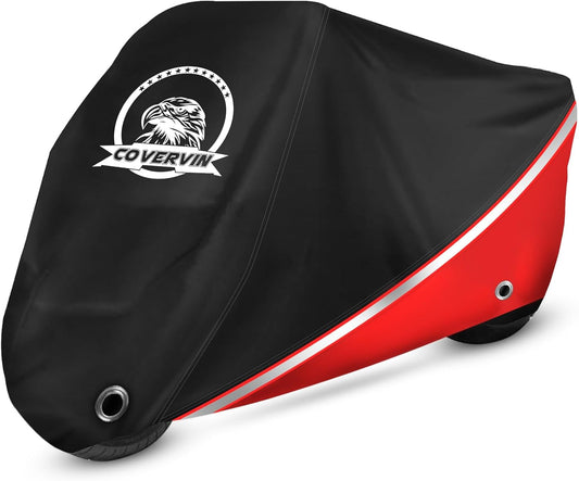 COVERVIN Motorcycle Cover, All Weather Outdoor Waterproof Night Protection with Reflective Strips, Locking Holes and Storage Bag for 116 Inch Suzuki, Kawasaki, Honda, Harley-Davidson(Red XXXL)