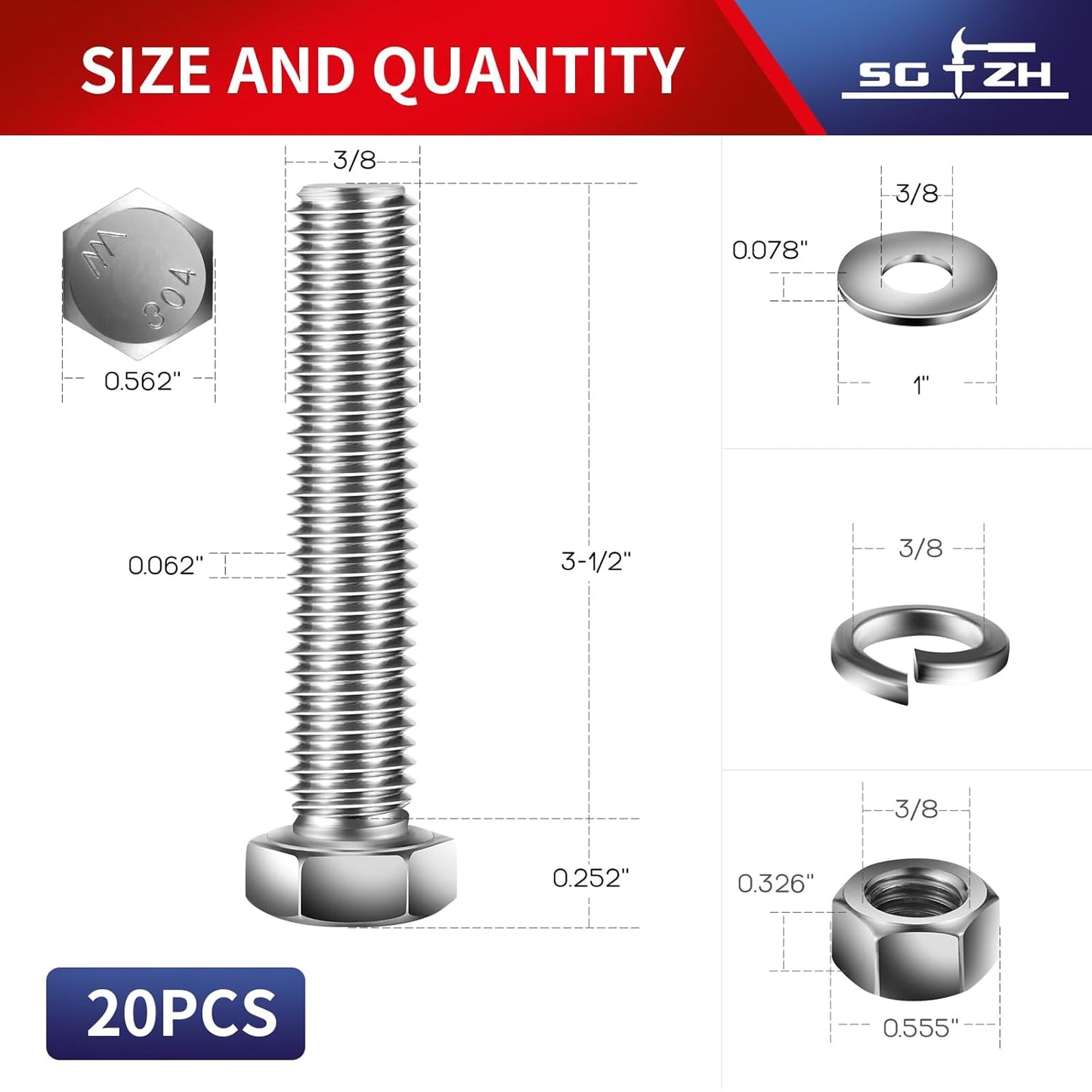 3/8-16 x 3-1/2" Hex Head Screw Bolt, Nuts, Flat & Lock Washers, 20Pcs 18-8 (304) Stainless Steel, Fully Threaded, by SG TZH