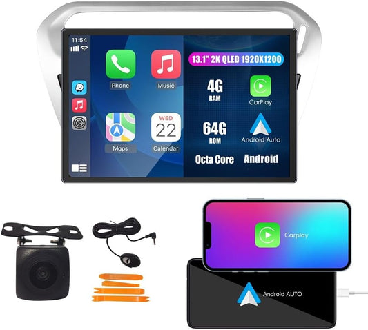 Kunfine Car CarPlay Android Auto Navigation Stereo GPS Radio Reverse Camera Display 13.1" QLED Touchscreen Headunit Tablet Pad Media Player For Peugeot 301 13-22, if Applicable Octa Core 4G+64G Silver