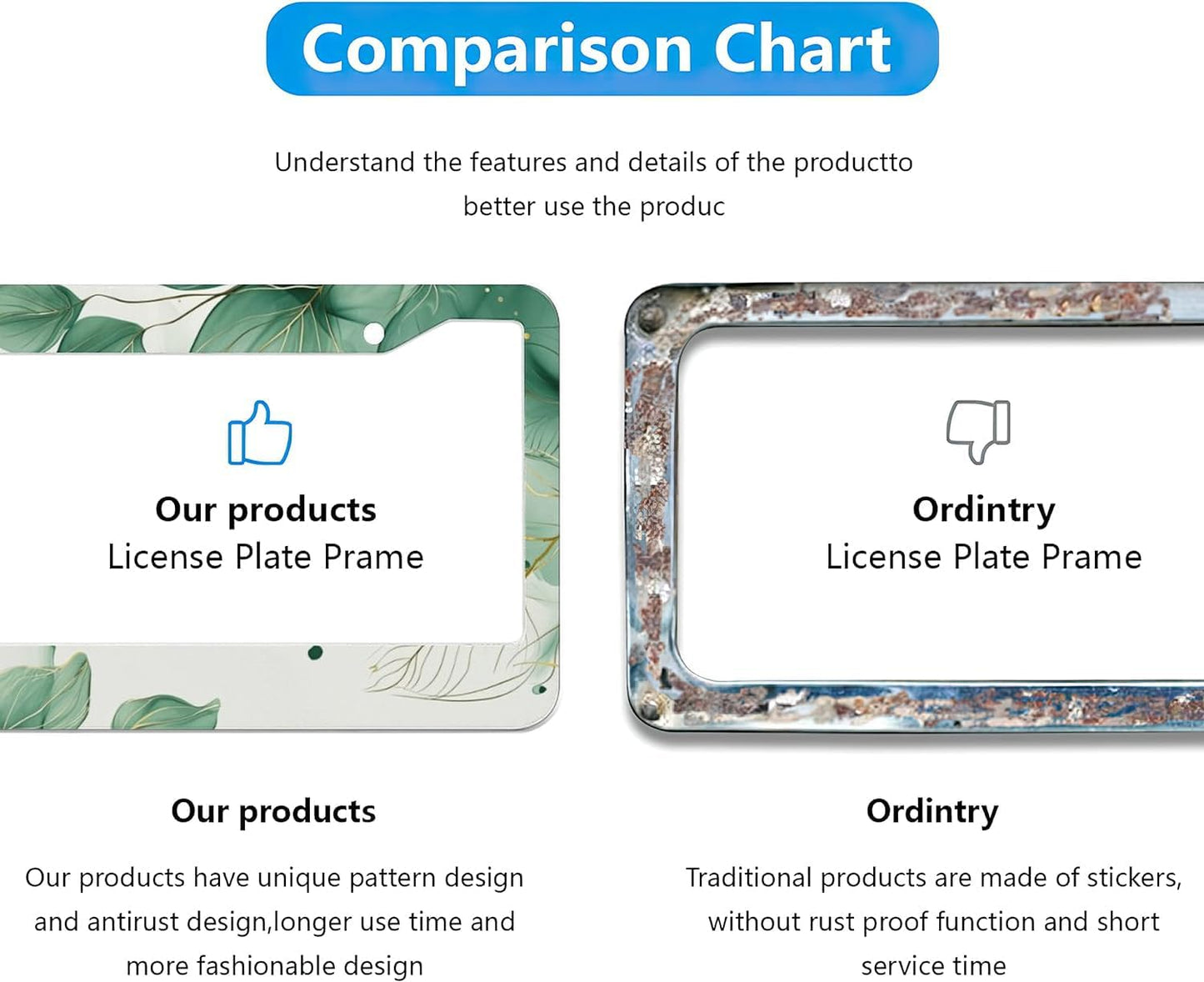 Watercolor Green Palm Leaves License Plate Frames - 2 Pcs Set 2 Holes Metal Aluminum Auto Car Accessories Decoration License Plate Frame 12.2 x 6.3 inch for Women Men Gift