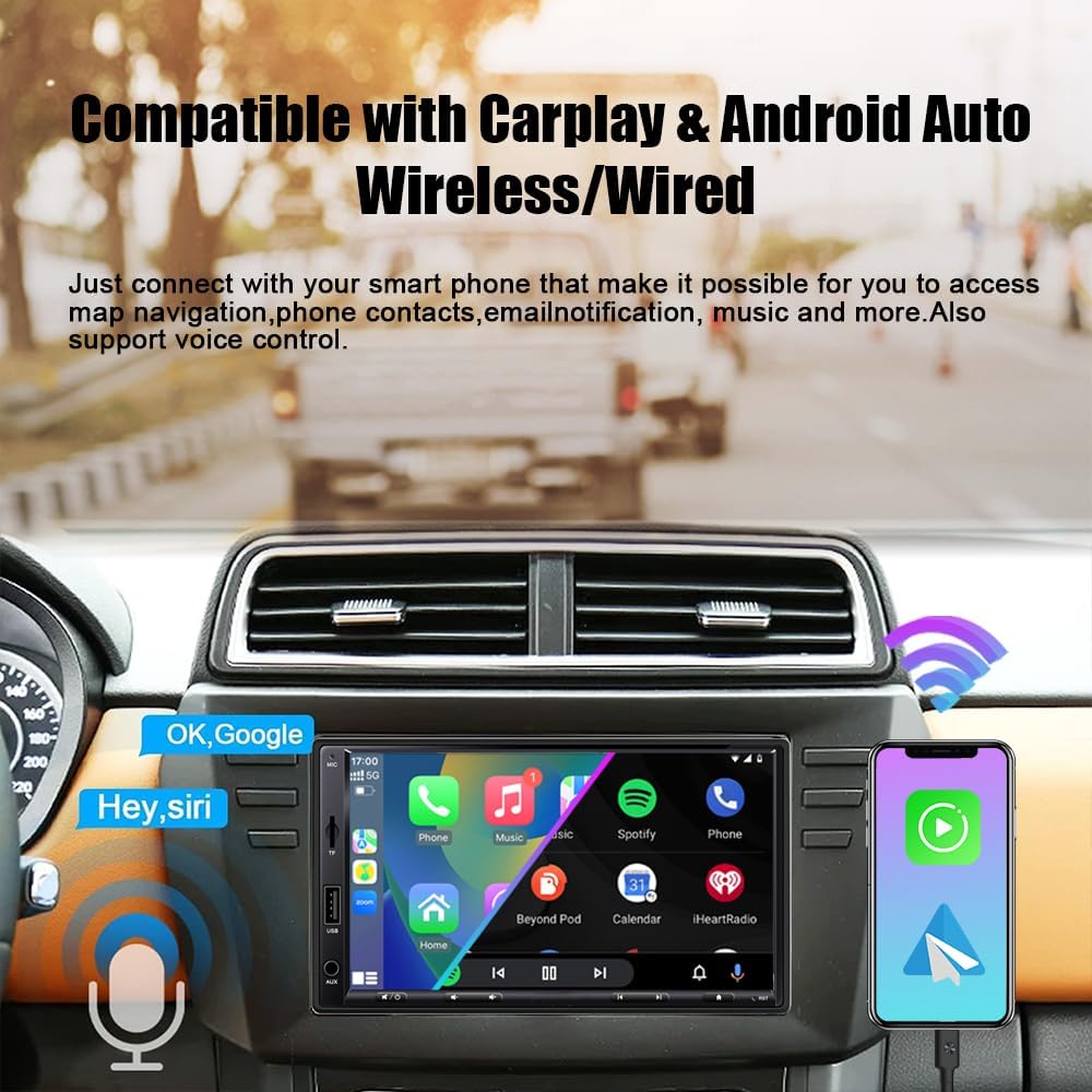 7 Inch Double Din Car Stereo with Wireless Apple Carplay & Android Auto Navi Radio Head Unit with Touch Screen Bluetooth AM/FM Receiver/Mirror Link/Backup Camera/TF/AUX/USB Input