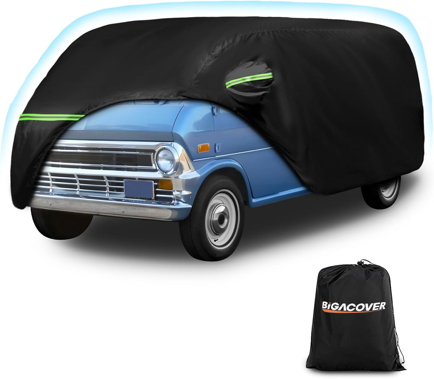 Waterproof Car Covers for 1961-1974 Falcon Club Wagon E-100,Econoline E-100 Van,420D Oxford Cloth Sun Heat Protection Outdoor Full Covers with Driver Side Zipper Windproof Heavy Duty All Weather