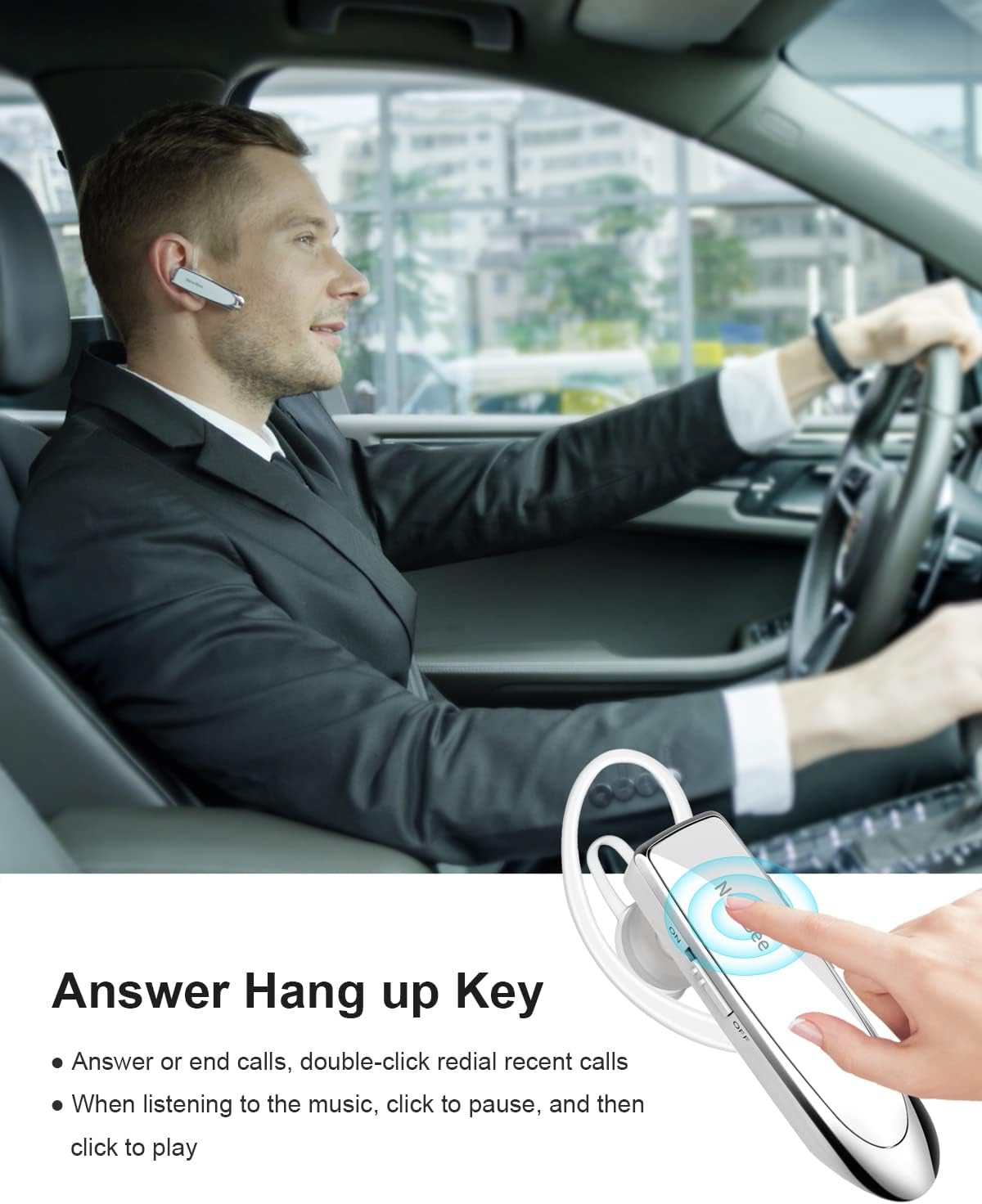 New bee [2 Pack] Bluetooth Earpiece V5.0 Wireless Handsfree Headset 24 Hrs Driving 60 Days Standby Time with Bluetooth Headset for iPhone Android Laptop Truck Driver(White)