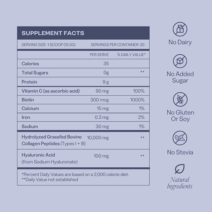 Collagen Powder for Women, Beauty Blend with Vitamin C, Biotin & Hyaluronic Acid, Supports Hair, Skin & Nails, 20 Servings, Grass-Fed Bovine, Unflavored