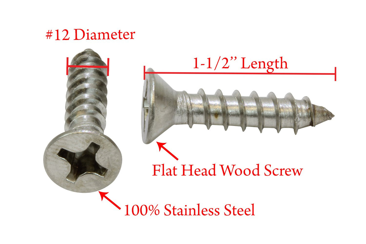 Bolt Dropper #12 X 1-1/2'' Stainless Steel Flat Head Phillips Wood Screw, (25 pc), 18-8 (304) Stainless Steel Sheet Metal Screws - Type A Point, Plain Finish