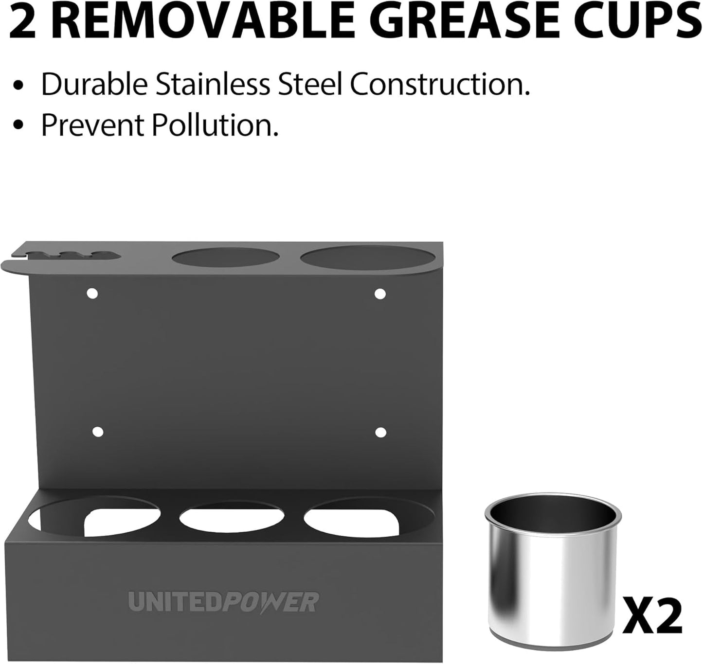 UNITEDPOWER Grease Gun Holder, Wall Mount Grease Gun Storage Rack, Organizer for Workshop, Shop, Garage with Removable Drip Cups & Spare Cartridge Holder