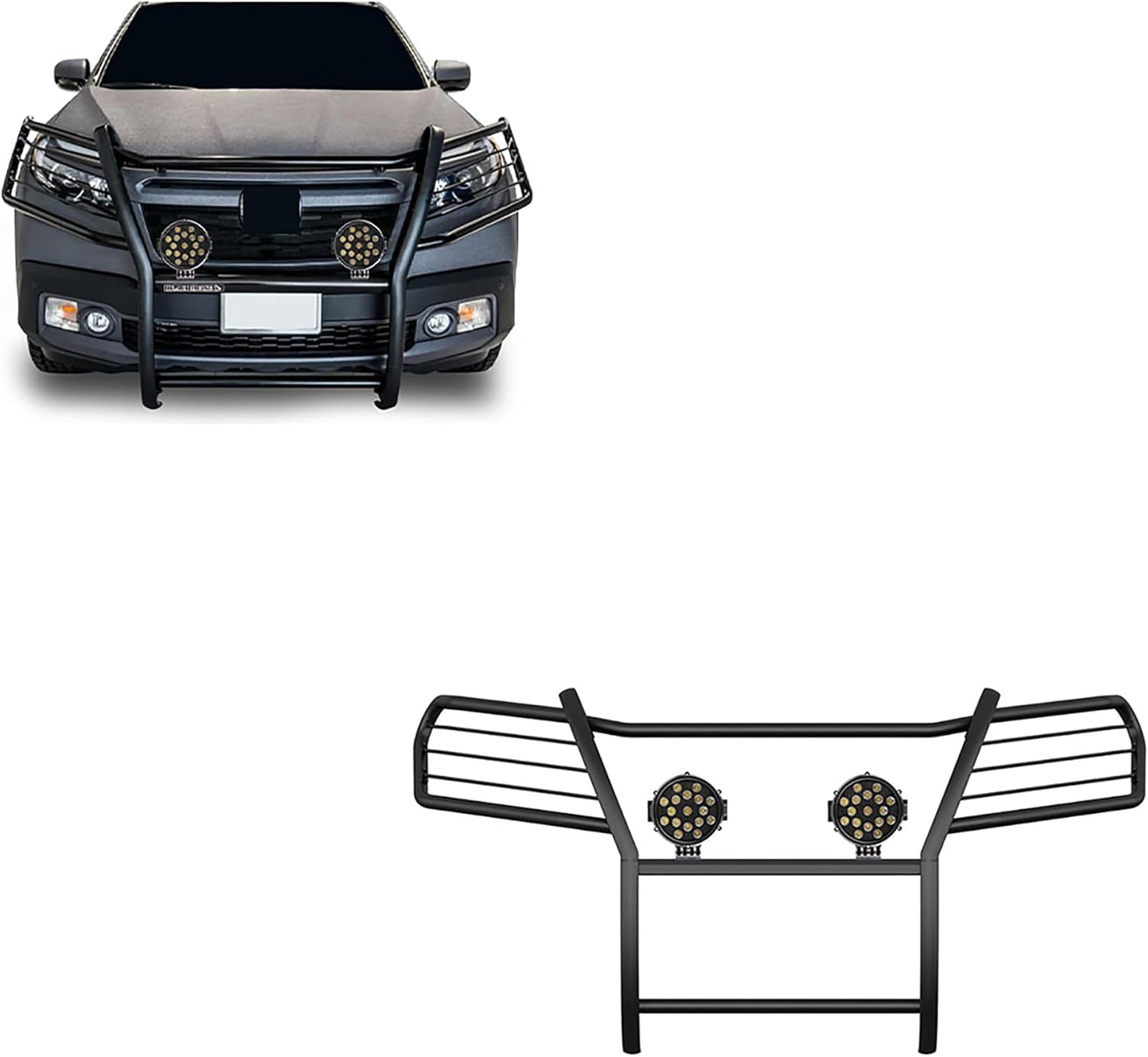 Black Horse Grille brush Bumper Guard Modular Come With pair of 7.0"Dia.LED Lights with Black Trim Rings Compatible with 2016-2019 Honda Ridgeline-17H01MA-PLB