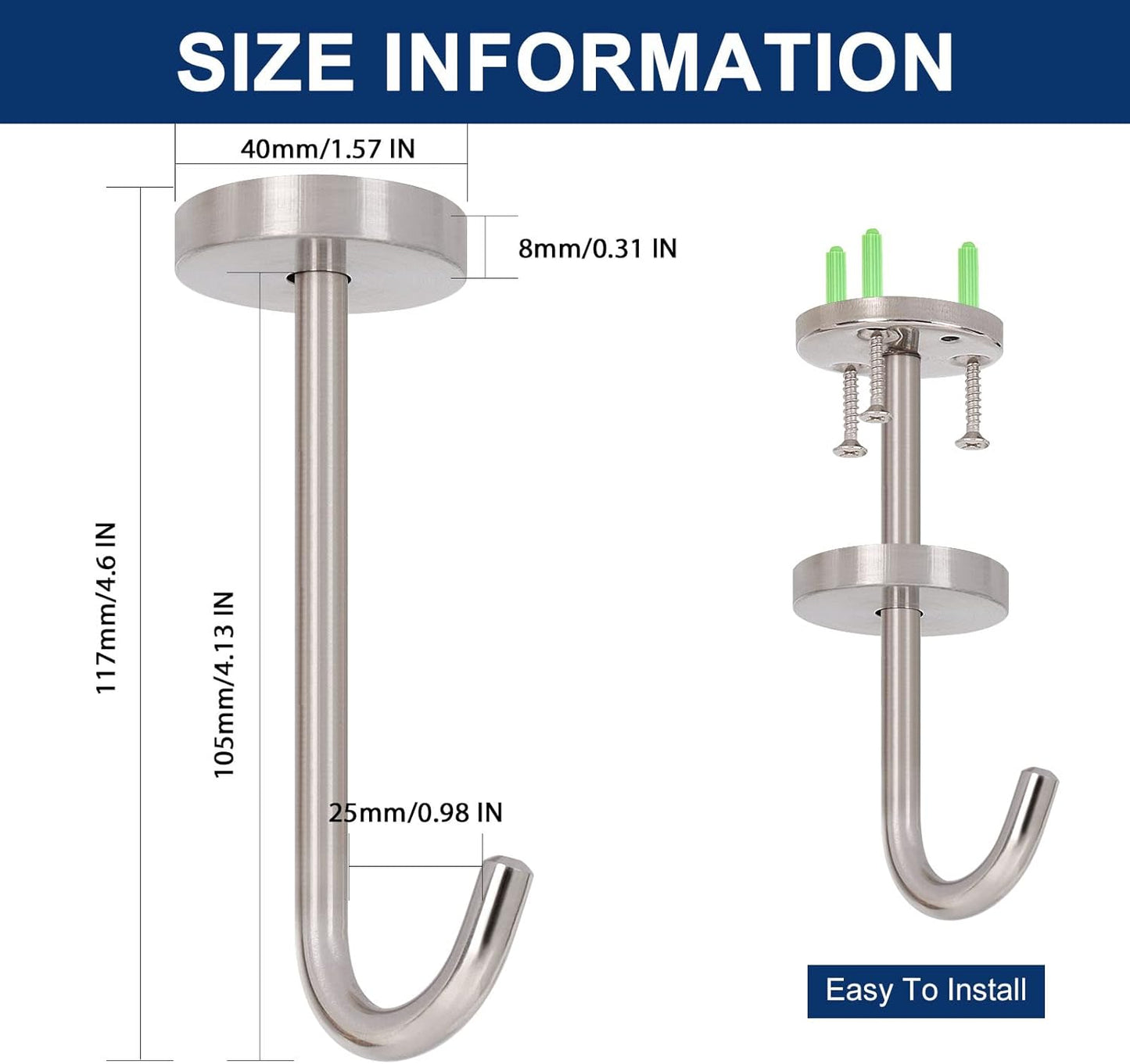 NearMoon Coat Hooks, Wall Hooks for Hanging Hat Hurse Robe, 304 Stainless Steel Heavy Duty Towel Hangers for Bathroom Livingroom Kitchen-Ceiling Hook, 6 Pack (4 Inch, Brushed Nickel)