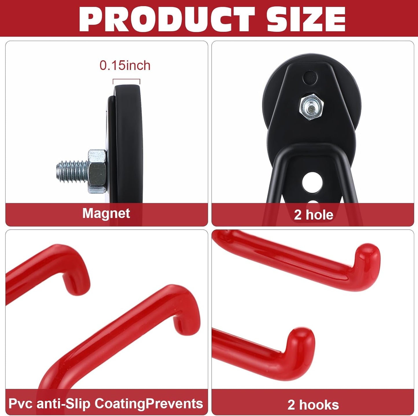Landhoow Large Magnetic Hooks Heavy Duty Garage Magnet Hooks Strong Storage Utility Magnetic Hangers with Anti Slip Rubber Coating for Indoor and Outdoor Hanging(Red,4 Pcs)